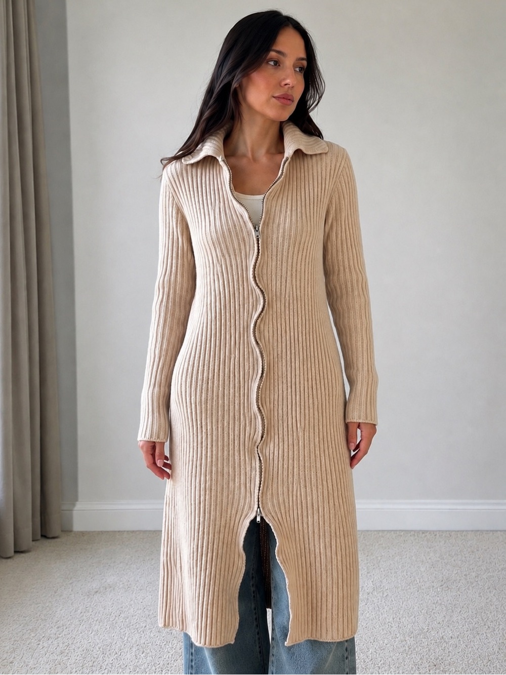 Pratesi 100% Cashmere Ribbed Longline Zip Sweater Coat Cardigan Sz M Italy